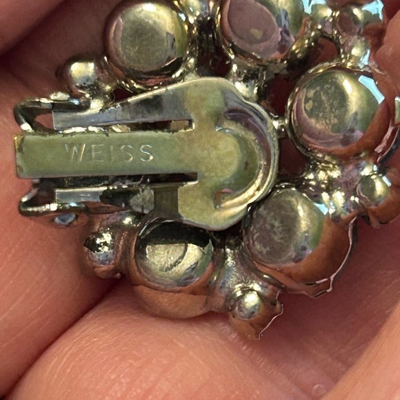 Vintage, sky blue, silvertone, clip-on, rhinestone earrings. - Picture 2 of 5